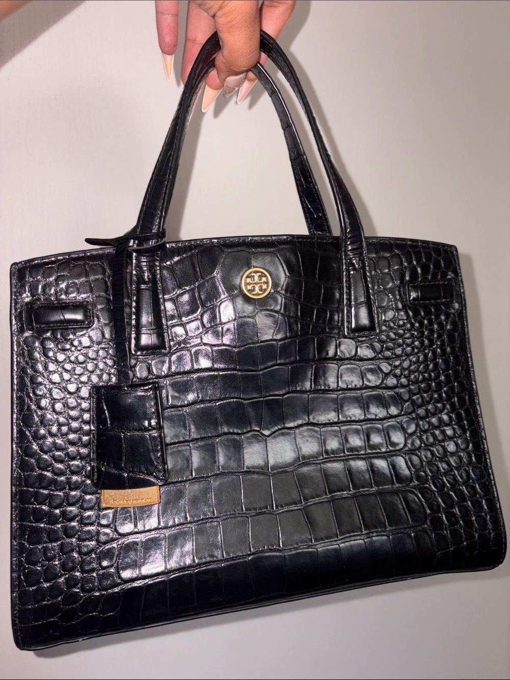 Tory Burch Black Croc-Embossed Satchel with Gold Logo